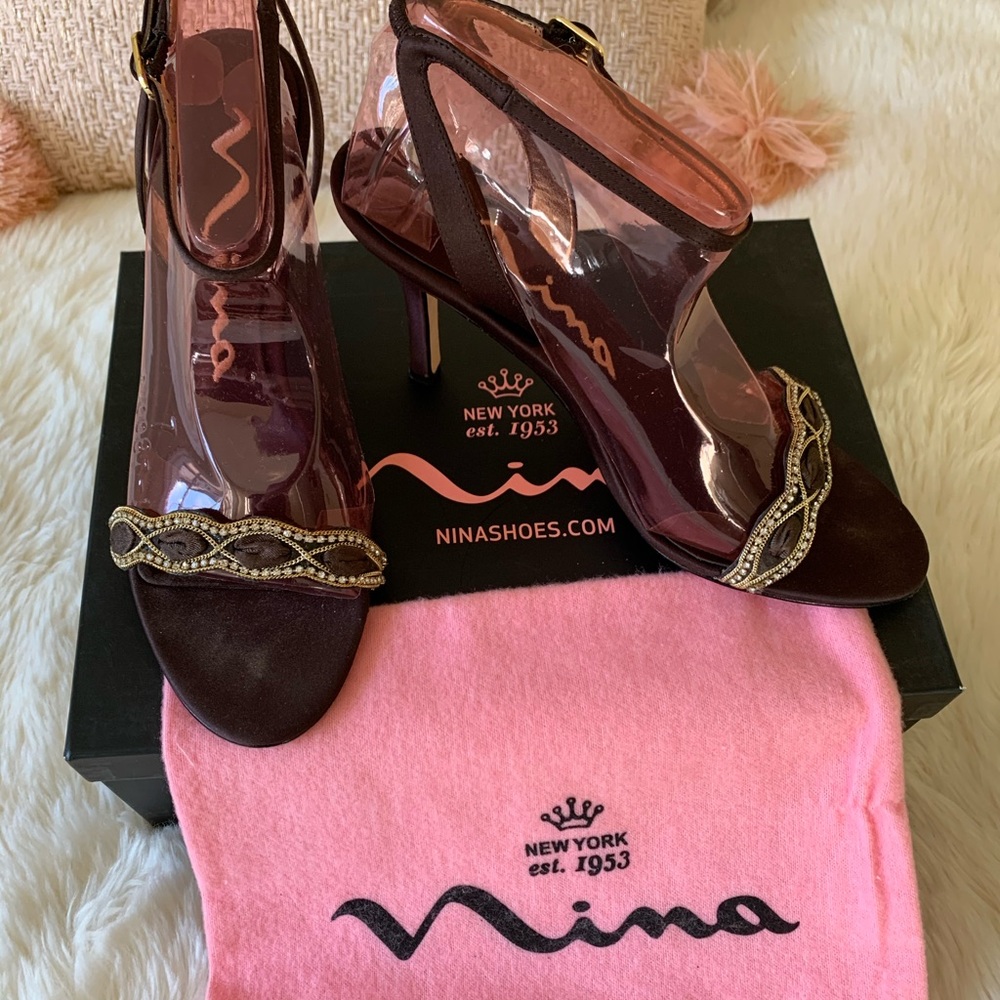 Brown satin strappy heels